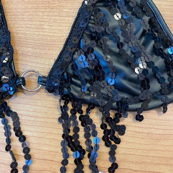 Black Faux Leather & Sequin Fringe Festival Bra Top - Picture 6 of 7